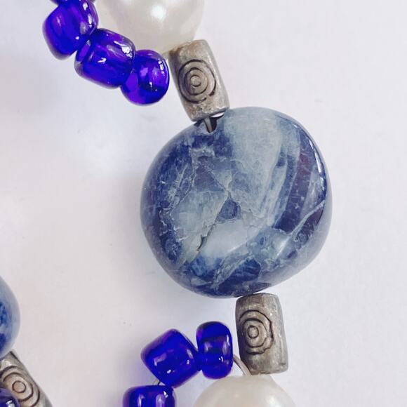 Sodalite Beaded Necklace, 90s Boho Tribal Faux Pearl Gemstone Eclectic Jewelry - Picture 9 of 10